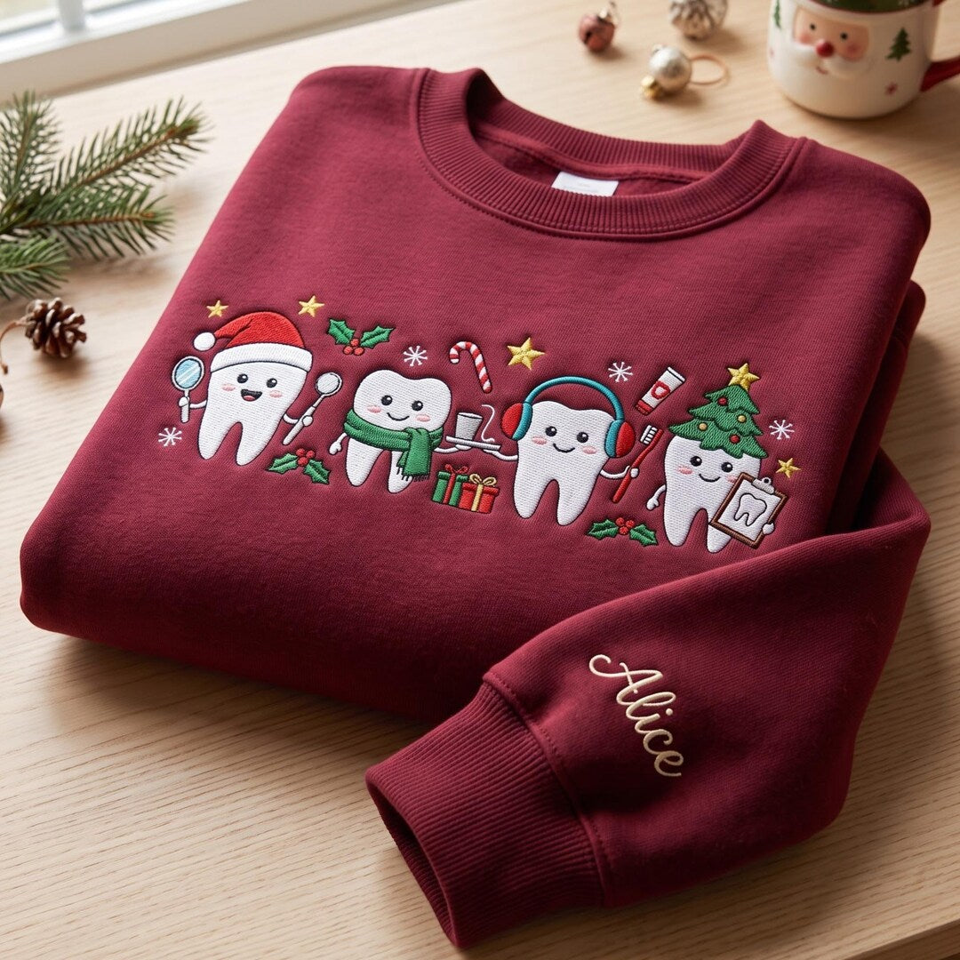 Personalized Christmas Dentist Cute Tooth Characters Holiday Custom Name embroidered sweatshirt — front view