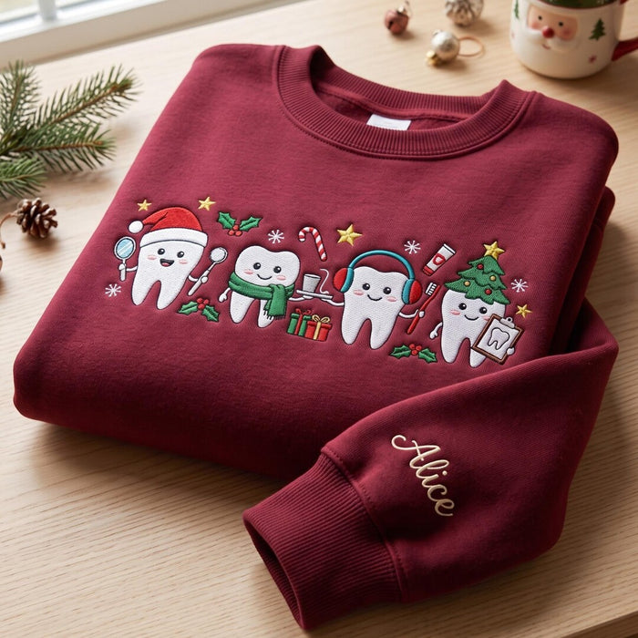 Personalized Christmas Dentist Cute Tooth Characters Holiday Custom Name Embroidered Sweatshirt