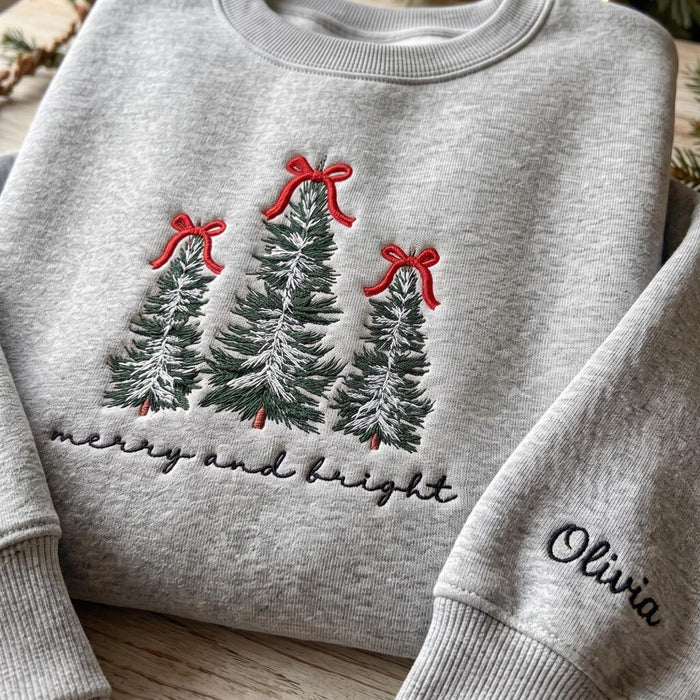 Personalized Christmas Three Pine Trees Red Bows Merry and Bright Custom Name Sleeve Embroidered Sweatshirt
