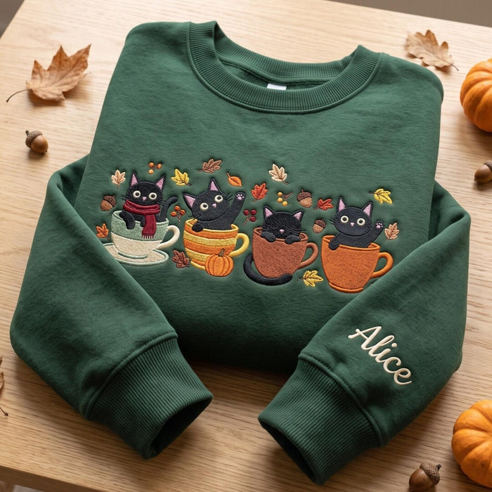 Personalized Four Black Cats Autumn Coffee Cups Falling Leaves Pumpkin Custom Name Embroidered Sweatshirt
