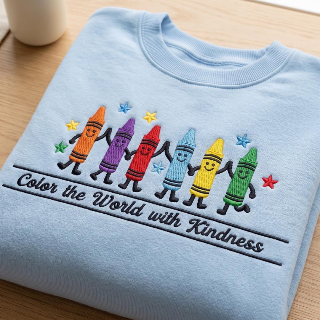 Color the World with Kindness Crayon Friends Holding Hands embroidered sweatshirt — front view