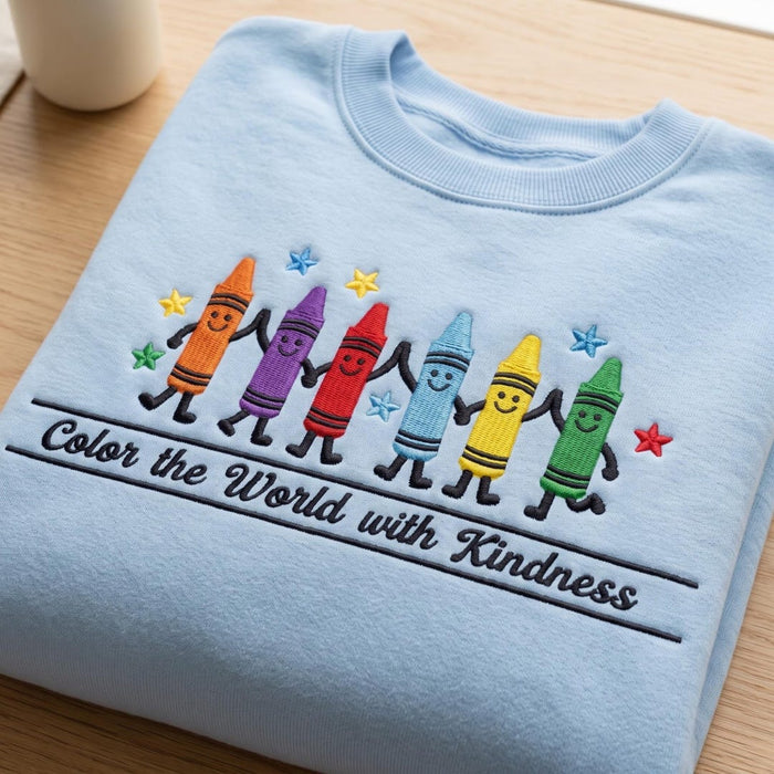 Color the World with Kindness Crayon Friends Holding Hands Embroidered Sweatshirt