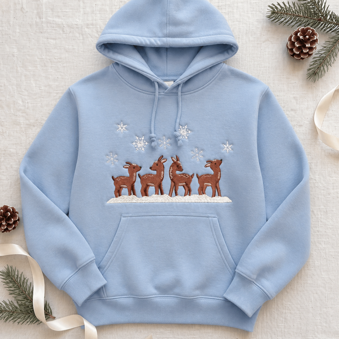 Baby Deer Fawns Snowflakes Snowy Winter Embroidered Hoodie