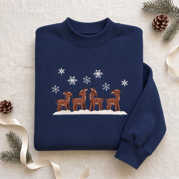 Baby Deer Fawns Snowflakes Snowy Winter Embroidered Mock Neck Sweatshirt