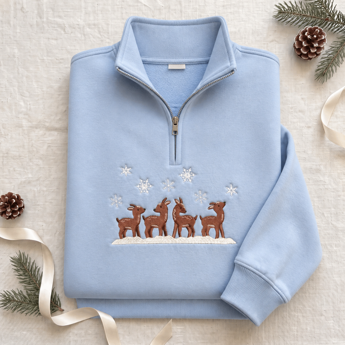 Baby Deer Fawns Snowflakes Snowy Winter Embroidered Quarter-Zip