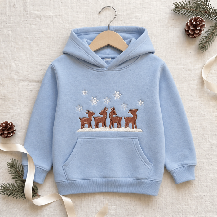 Baby Deer Fawns Snowflakes Snowy Winter Embroidered Youth Hoodie