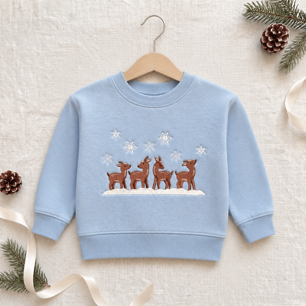 Baby Deer Fawns Snowflakes Snowy Winter Embroidered Youth Sweatshirt