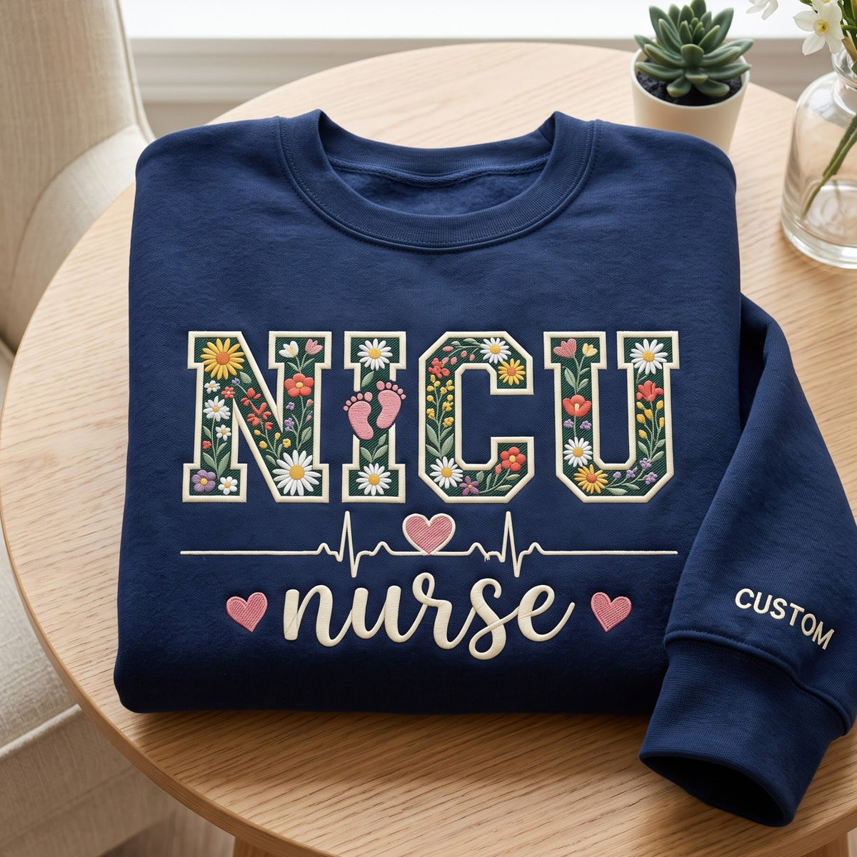 Personalized NICU Nurse Wildflower Letters Heartbeat embroidered sweatshirt — front view
