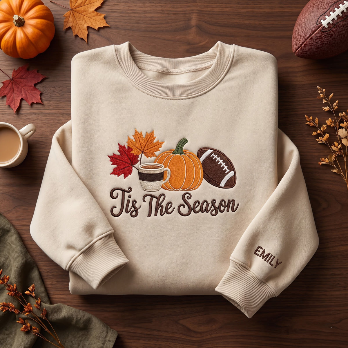 Personalized Tis the Season Fall Pumpkin Football Leaves Coffee embroidered sweatshirt — front view
