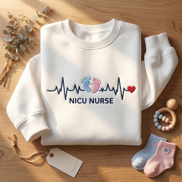 NICU Nurse Baby Footprints Heartbeat Red Heart embroidered sweatshirt — front view