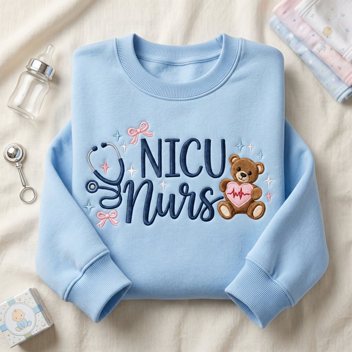 NICU Nurse Teddy Bear Stethoscope Coquette Bows Sparkle Heartbeat Embroidered Sweatshirt