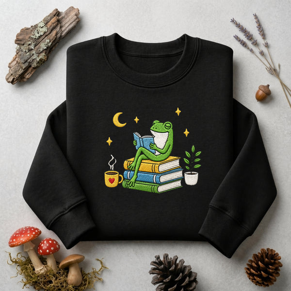 Frog Reading Books Stack Coffee Cup Plant Moon Stars embroidered sweatshirt — front view
