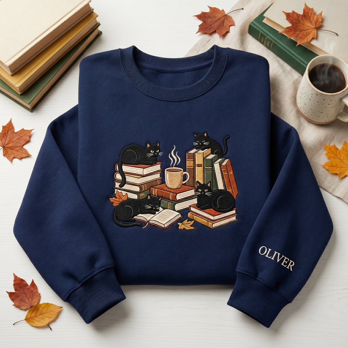 Personalized Black Cats Books Autumn Coffee Cozy Reading embroidered sweatshirt — front view