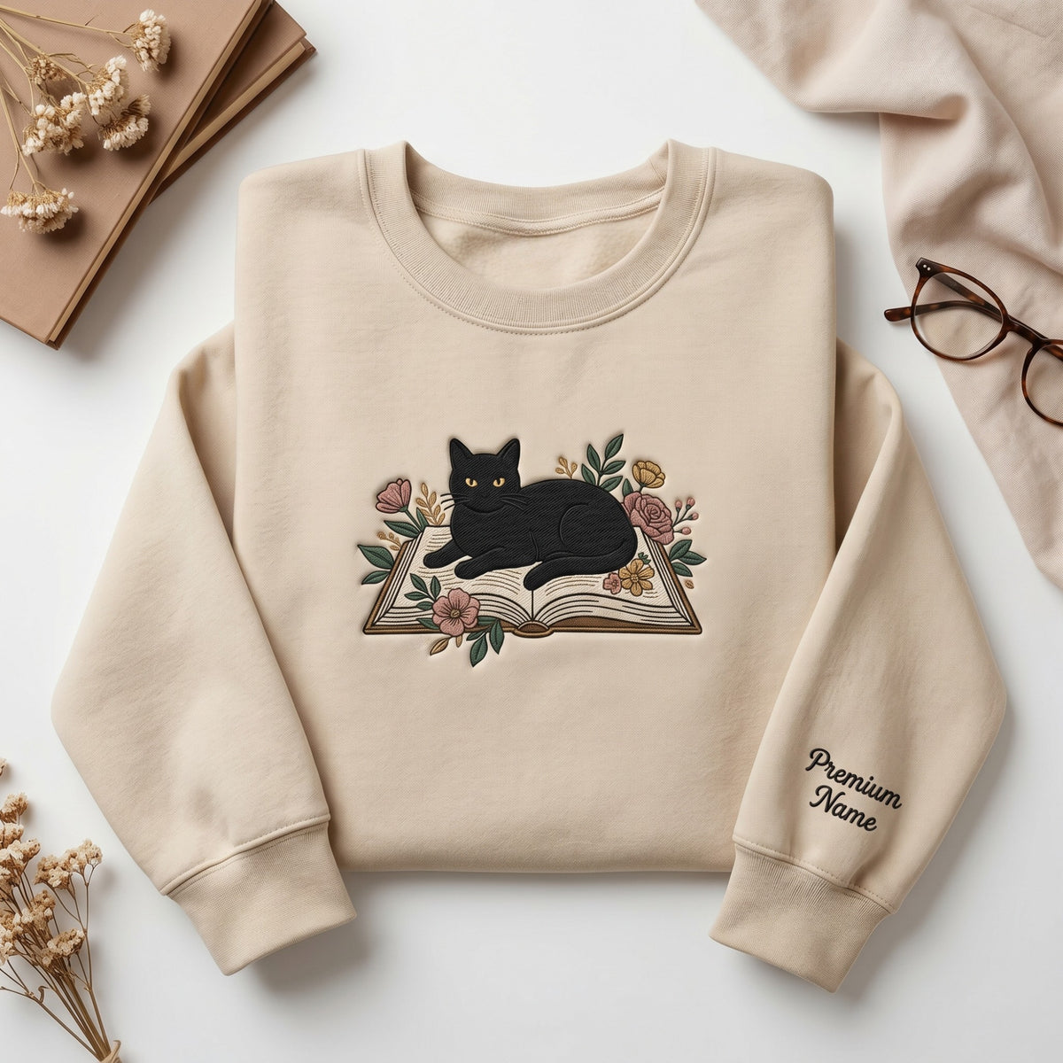Personalized Black Cat Floral Open Book Sleeve Name embroidered sweatshirt — front view