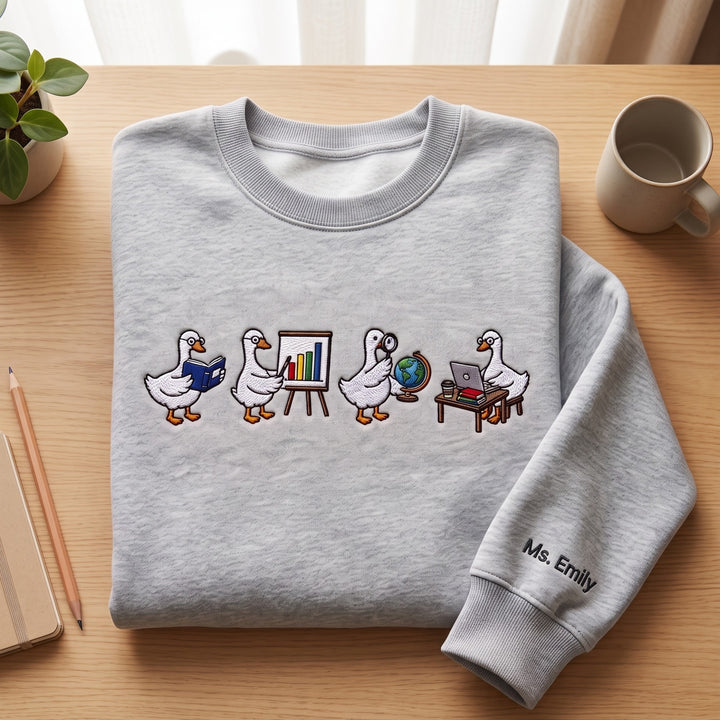 Personalized Teacher Goose Reading Book Chart Globe Laptop embroidered sweatshirt — front view