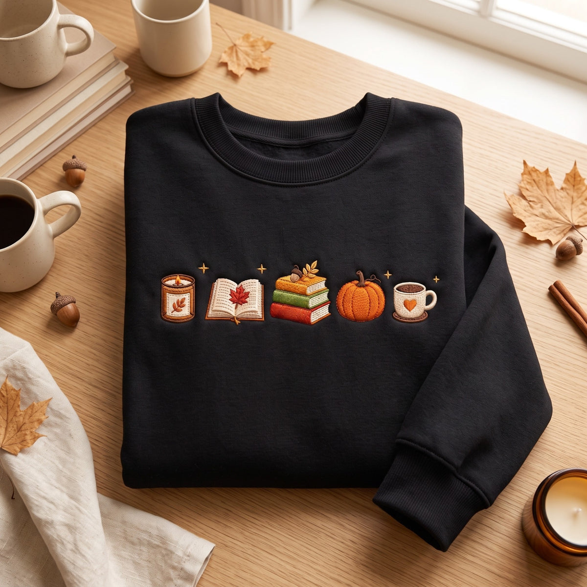 Fall Autumn Candle Open Book Stacked Books Pumpkin Coffee Cup Cozy Season embroidered sweatshirt — front view