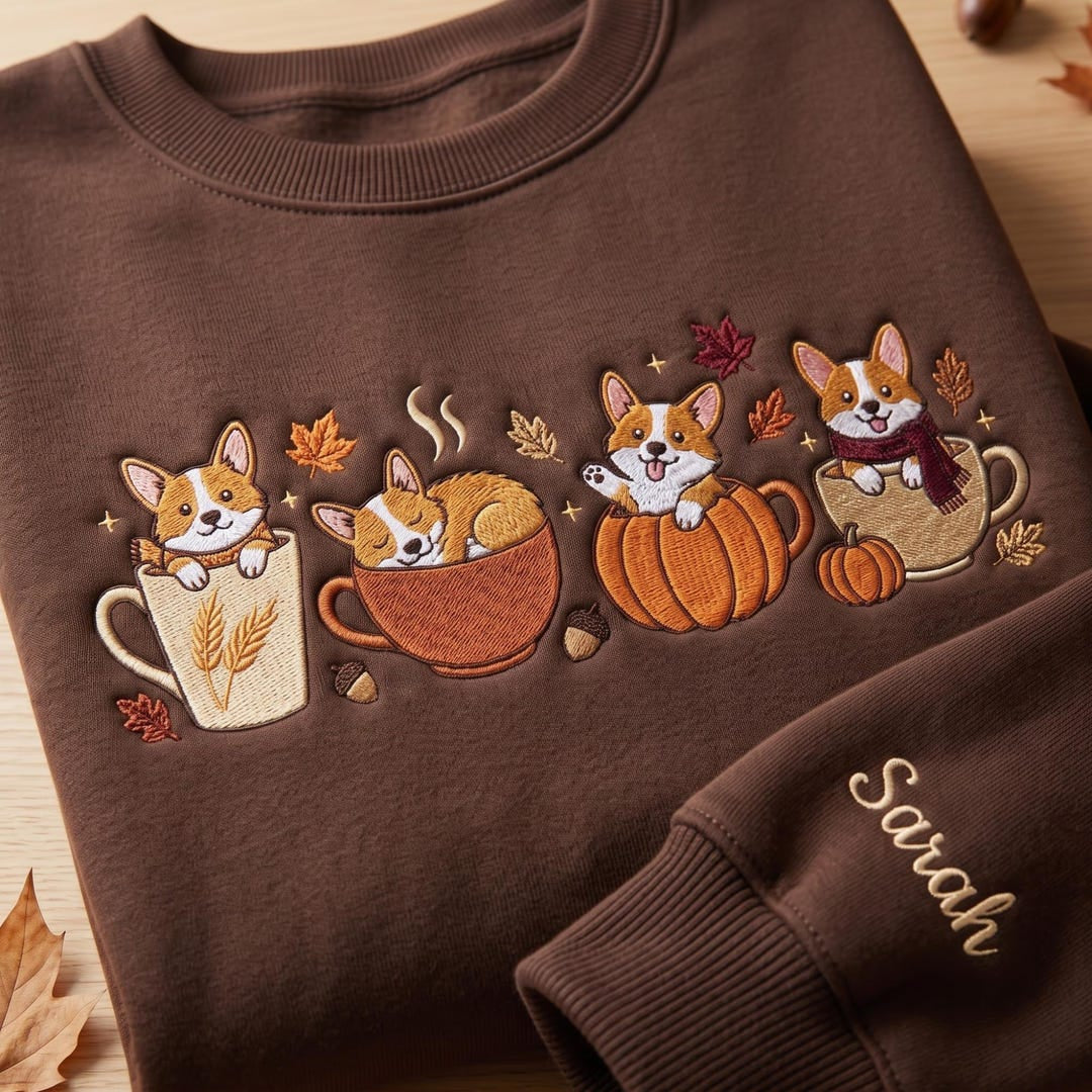 Personalized Fall Corgi Cups Pumpkin Autumn Leaves Custom Name Sleeve embroidered sweatshirt — front view