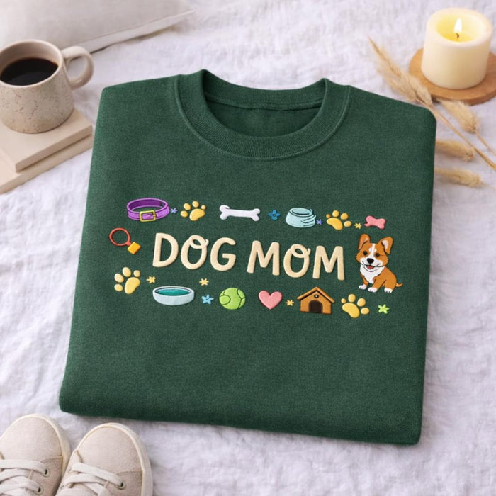 Dog Mom Corgi Puppy Paw Print Collar Bone Bowl Cute Embroidered Sweatshirt