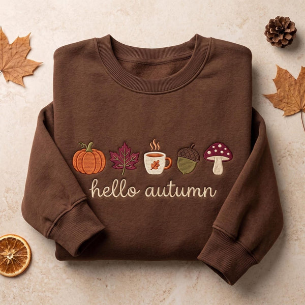 Hello Autumn Pumpkin Maple Leaf Coffee Cup Acorn Mushroom Fall embroidered sweatshirt — front view