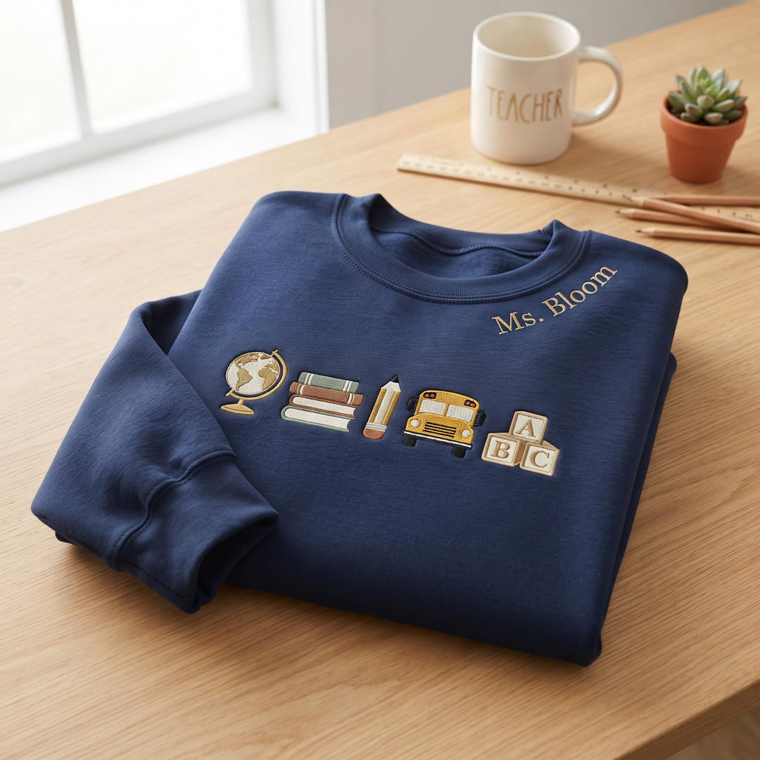 Personalized Teacher Globe Books Pencil School Bus Abc Blocks Custom Name embroidered sweatshirt — front view