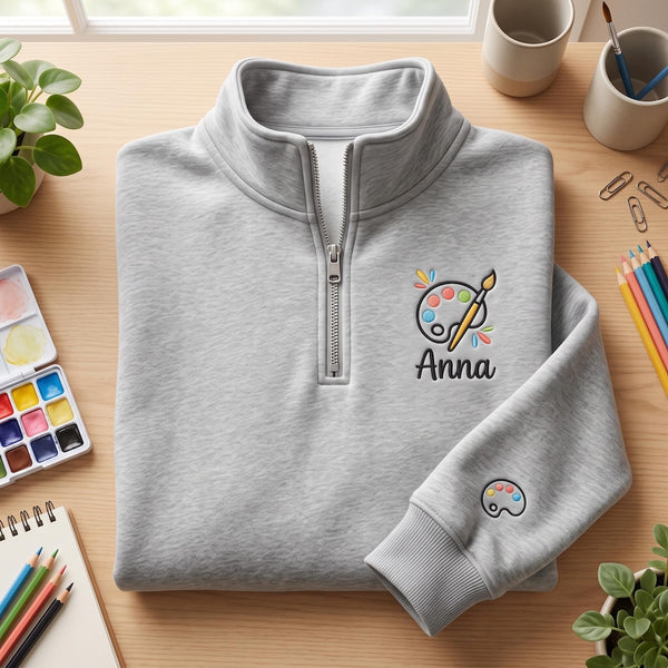 Personalized Art Teacher Paint Palette Brush Custom Name embroidered sweatshirt — front view