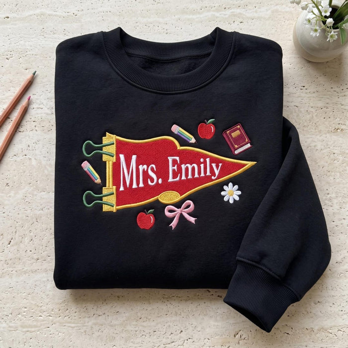 Personalized Teacher Pennant Flag Pencil Apple Book Coquette Bow Daisy Embroidered Sweatshirt
