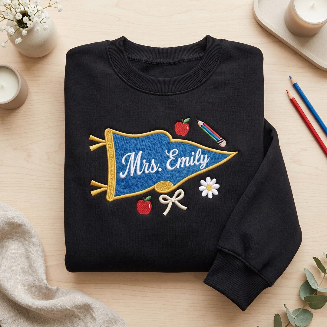 Personalized Teacher Pennant Apple Pencil Daisy Bow Custom Name embroidered sweatshirt — front view
