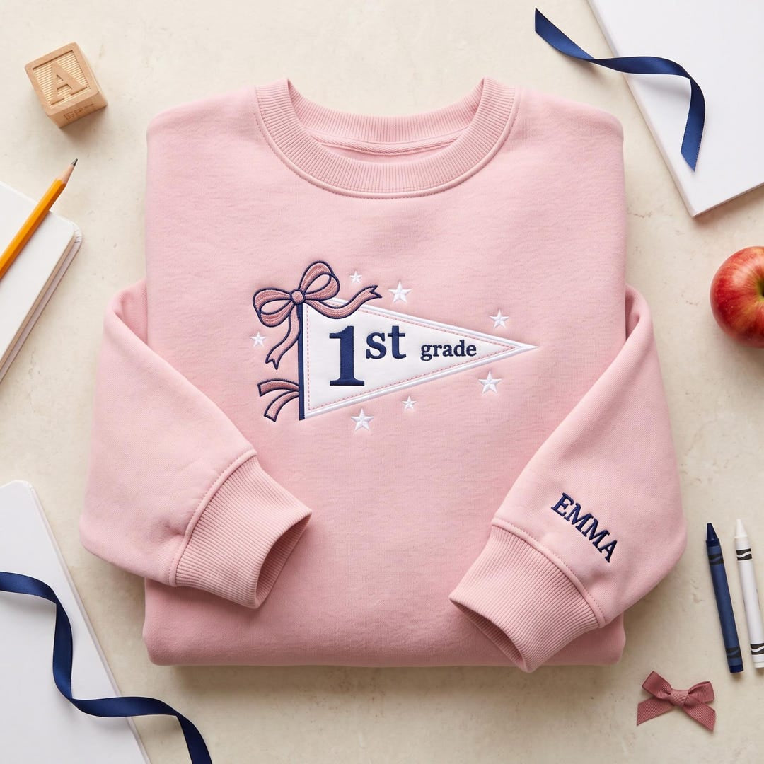 Personalized to School Pennant Flag Coquette Bow Stars Kid embroidered sweatshirt — front view