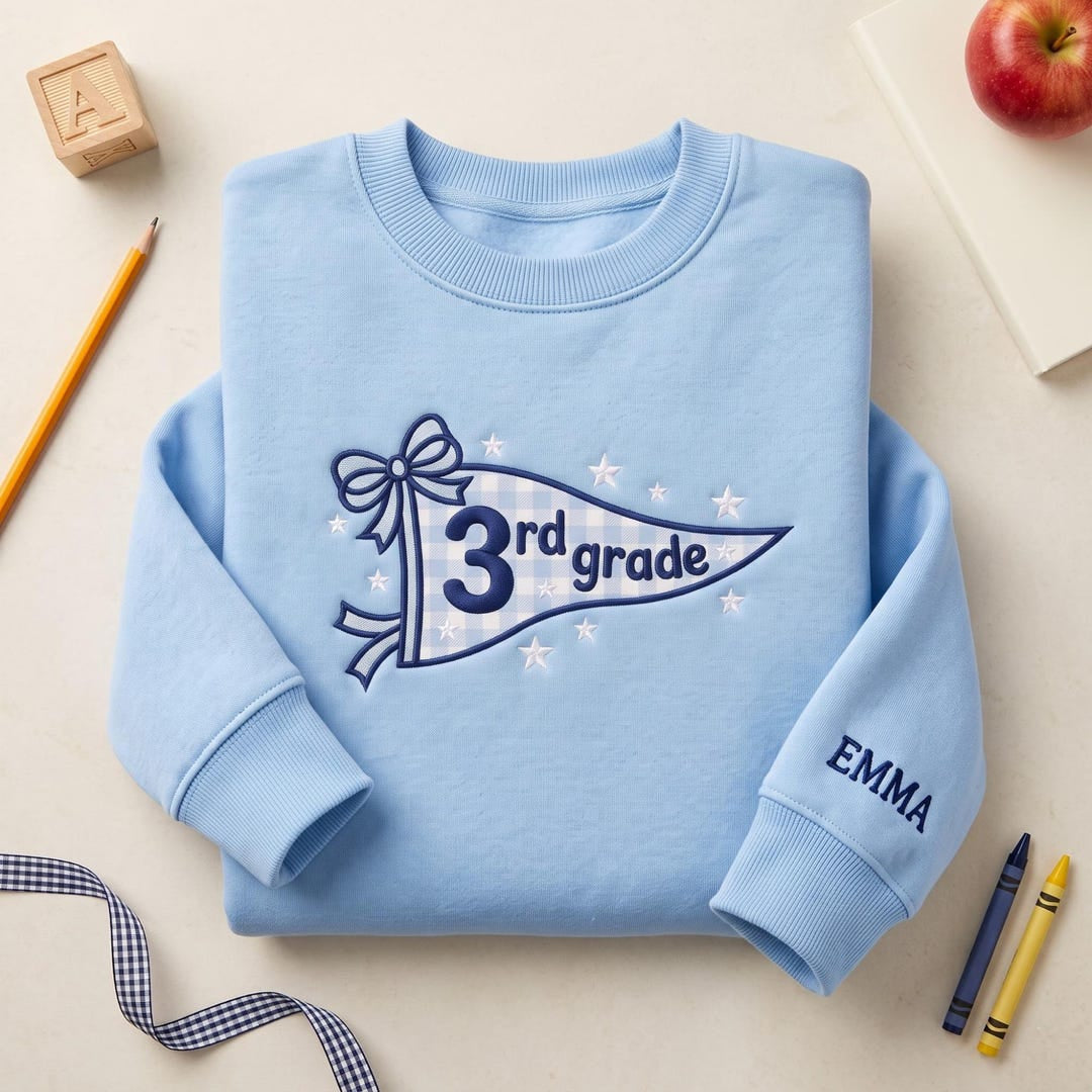 Personalized Grade Pennant Gingham Bow Stars to School embroidered sweatshirt — front view