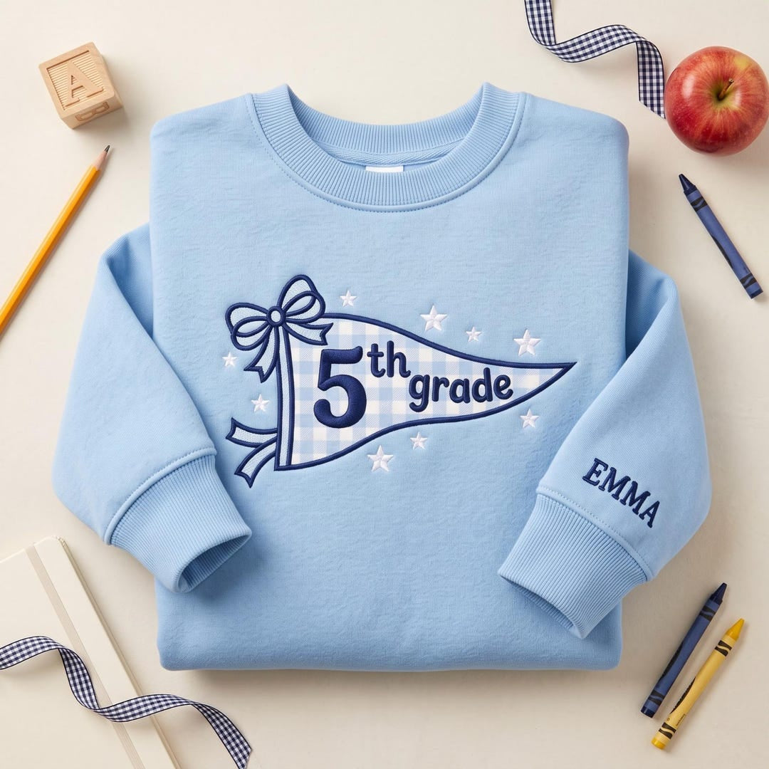 Personalized 5th Grade Pennant Flag Gingham Bow Stars embroidered sweatshirt — front view