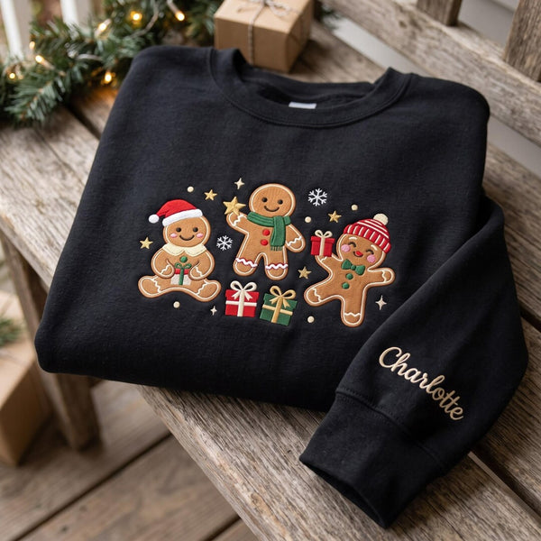 Personalized Christmas Three Gingerbread Men Santa Hat Scarf Gifts Stars Custom Name Sleeve embroidered sweatshirt — front view