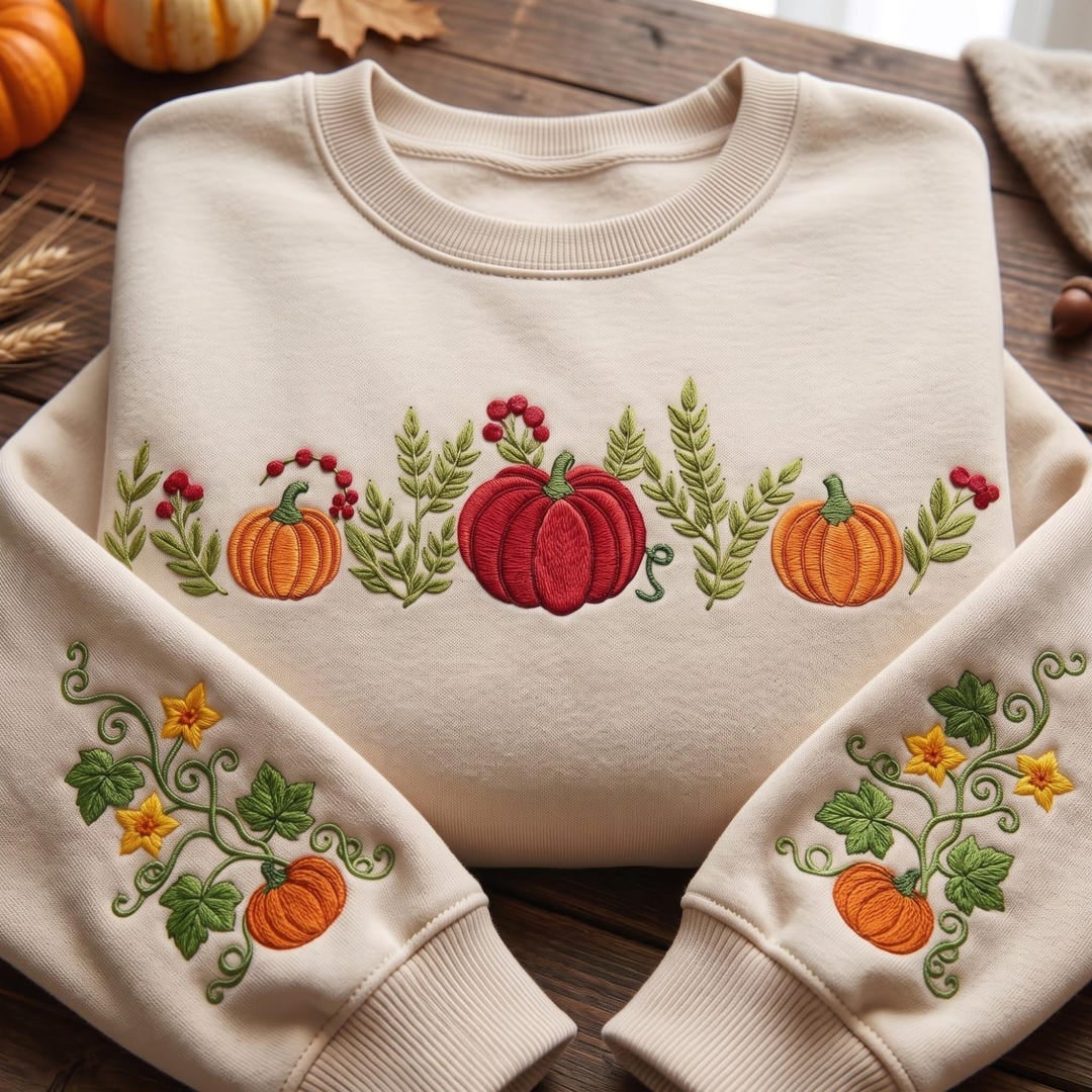 Personalized Fall Pumpkin Botanical Floral Sleeve Custom Name embroidered sweatshirt — front view
