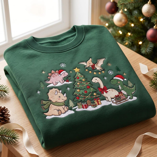 Christmas Cute Dinosaurs Santa Hat Scarf Holiday Tree Snow embroidered sweatshirt — front view
