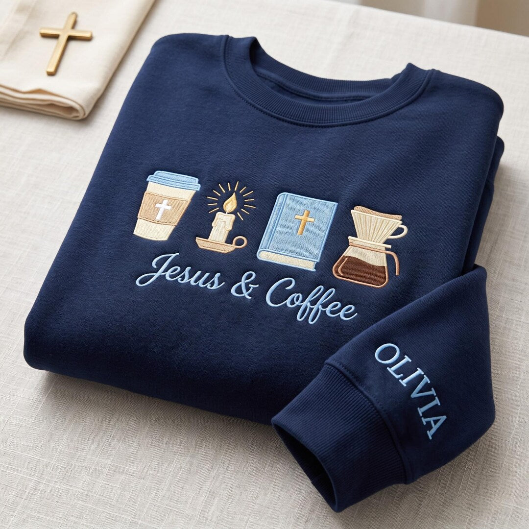 Personalized Jesus & Coffee Cross Bible Candle Christian Faith embroidered sweatshirt — front view