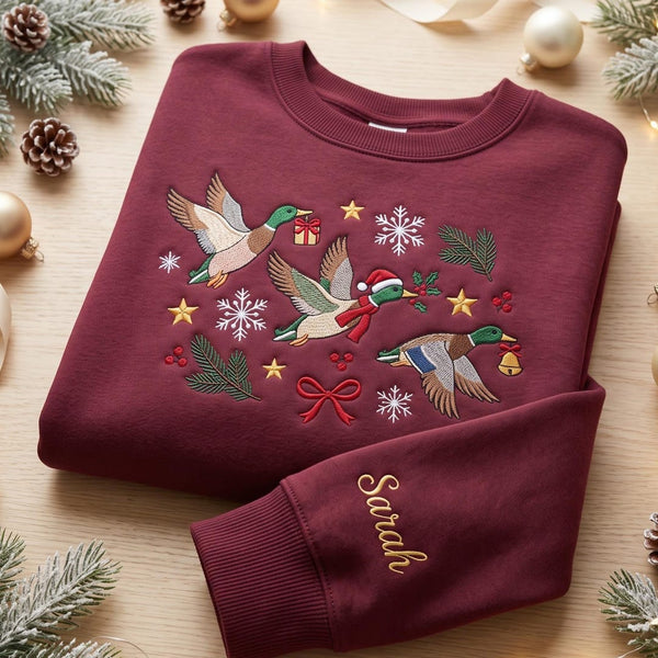 Personalized Christmas Flying Mallard Ducks Snowflakes Stars Festive Custom Name Sleeve embroidered sweatshirt — front view