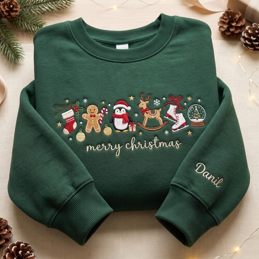 Personalized Merry Christmas Penguin Gingerbread Stocking Ice Skates Snow Globe Custom Name Sleeve embroidered sweatshirt — front view
