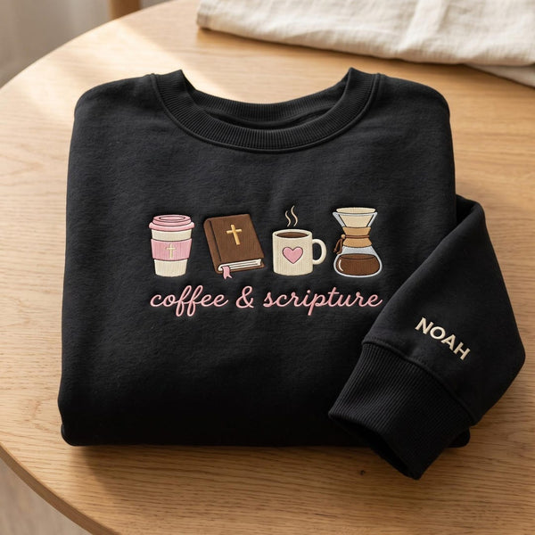 Personalized Coffee and Scripture Christian Cross Bible Custom Name Sleeve embroidered sweatshirt — front view