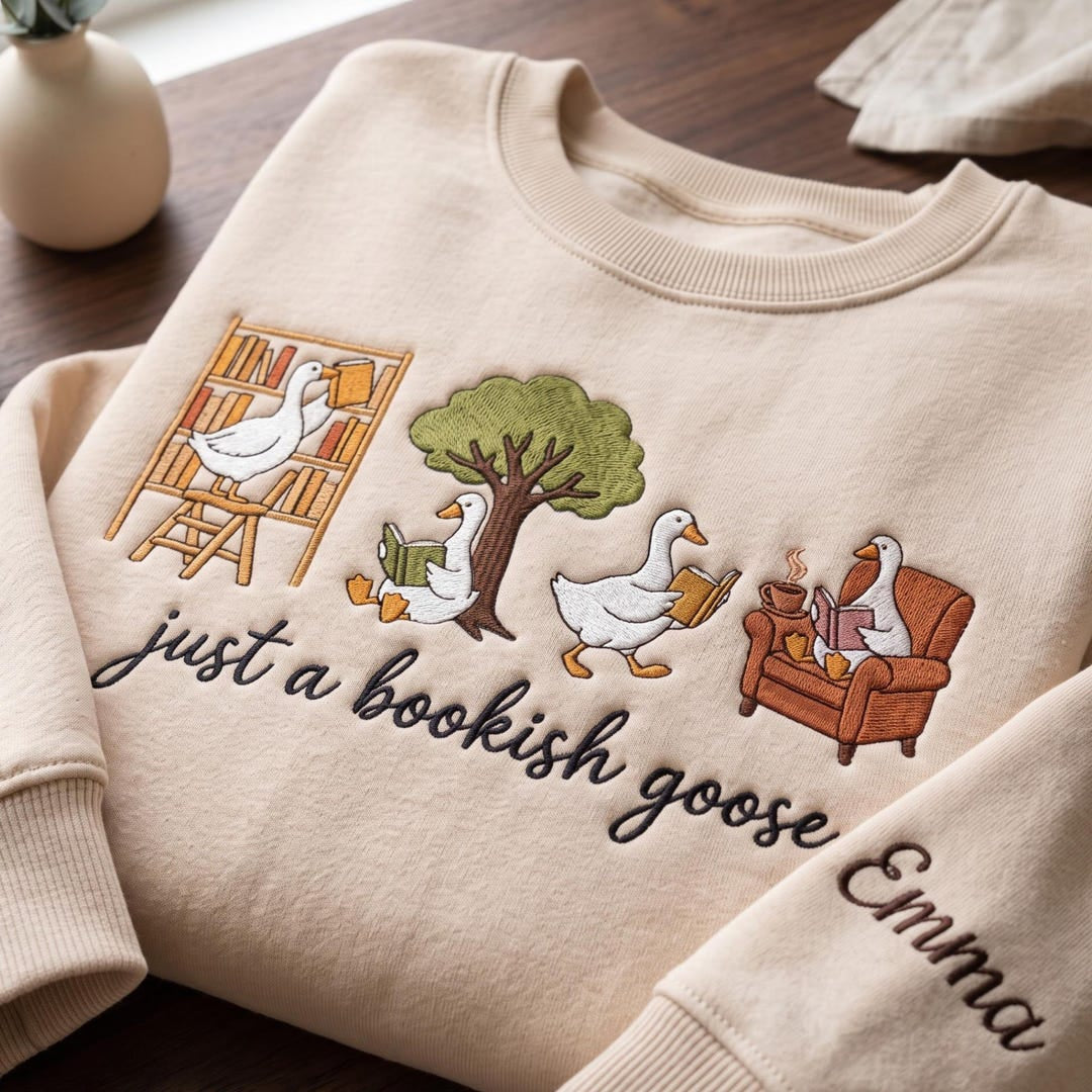 Personalized Bookish Goose Reading Library Book Lover embroidered sweatshirt — front view