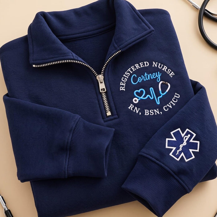 Personalized Registered Nurse RN Bsn Stethoscope Heartbeat Star of Life Sleeve Custom Name Embroidered Quarter-Zip