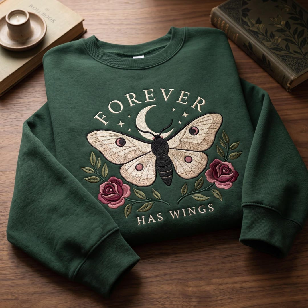 Forever Has Wings Floral Moth Moon Roses Botanical embroidered sweatshirt — front view
