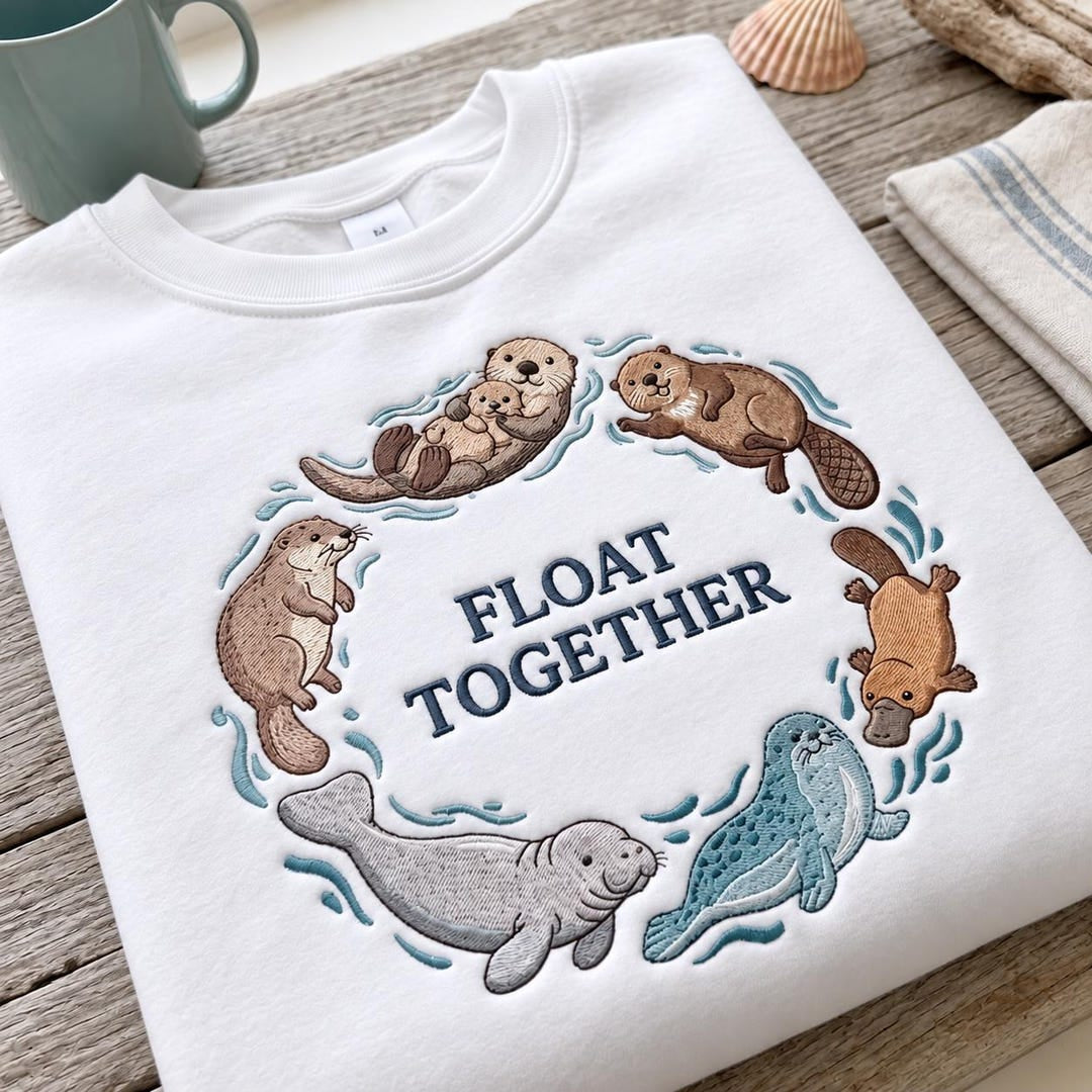 Float Together Sea Otter Manatee Seal Platypus Beaver Circle embroidered sweatshirt — front view