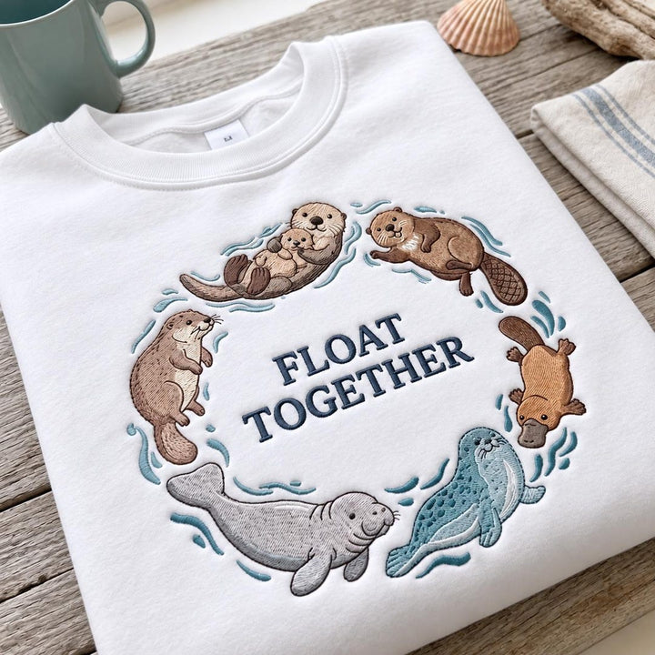 Float Together Sea Otter Manatee Seal Platypus Beaver Circle embroidered sweatshirt — front view