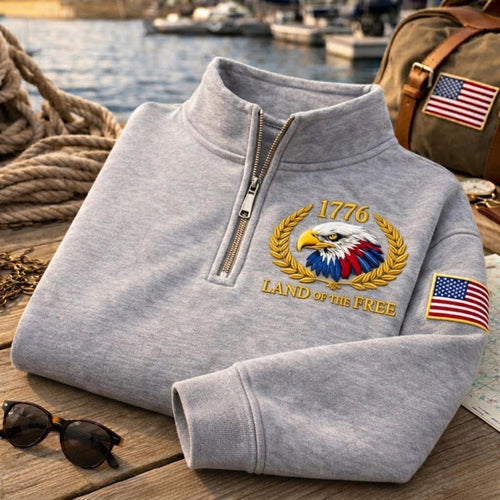 1776 Land of the Free Patriotic Bald Eagle Laurel Wreath American Flag embroidered sweatshirt — front view