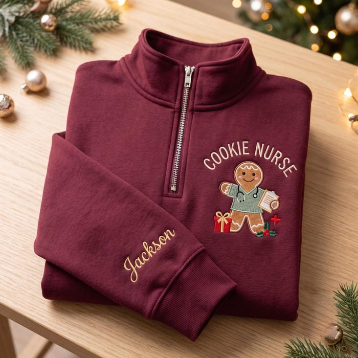 Personalized Christmas Gingerbread Cookie Nurse Stethoscope Custom Name Embroidered Quarter-Zip