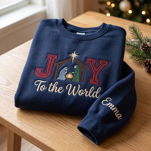 Personalized Joy to the World Nativity Scene Mary Joseph Baby Jesus Christmas embroidered sweatshirt — front view