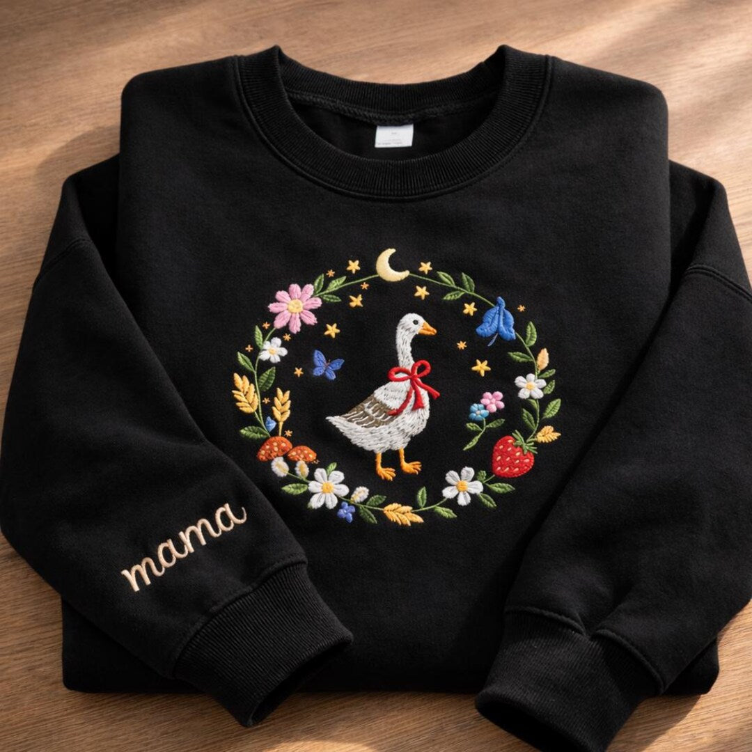 Mama Goose Floral Wreath Moon Stars Bow Cottagecore Custom Name Sleeve embroidered sweatshirt — front view