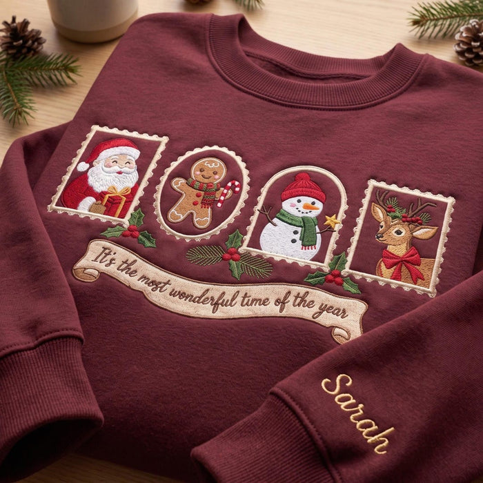 Personalized Christmas Santa Gingerbread Snowman Reindeer Stamp Frames Holiday Custom Name Sleeve Embroidered Sweatshirt