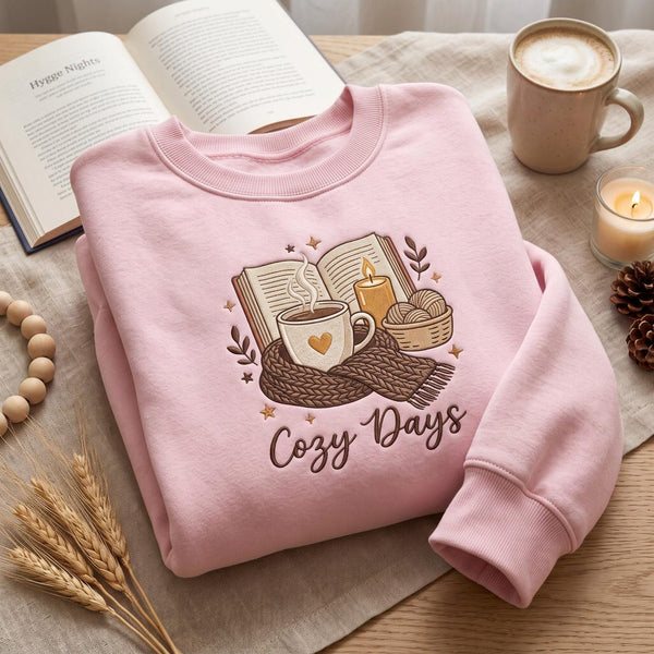 Cozy Days Book Coffee Candle Yarn Scarf Reading embroidered sweatshirt — front view