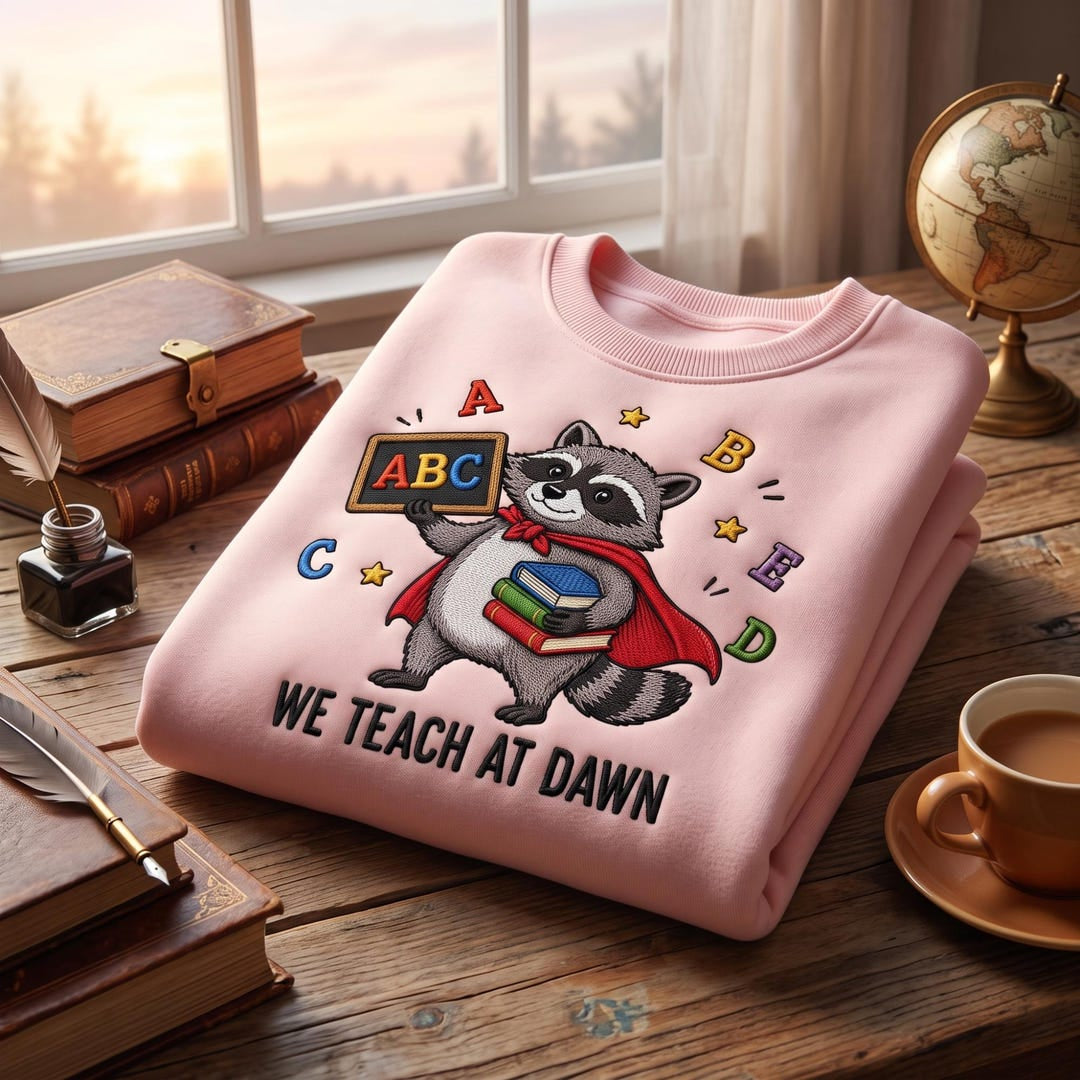 Personalized Teacher Raccoon Superhero Abc Books We Teach at Dawn Custom Name embroidered sweatshirt — front view