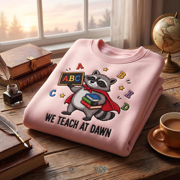Personalized Teacher Raccoon Superhero Abc Books We Teach at Dawn Custom Name embroidered sweatshirt — front view